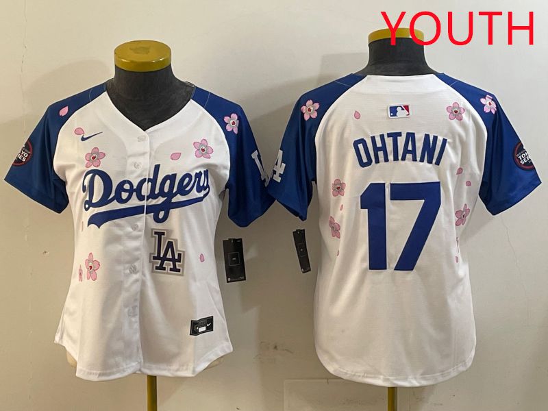 Youth Los Angeles Dodgers #17 Ohtani White Blue Sakura Edition 2025 Nike MLB Jersey style 9